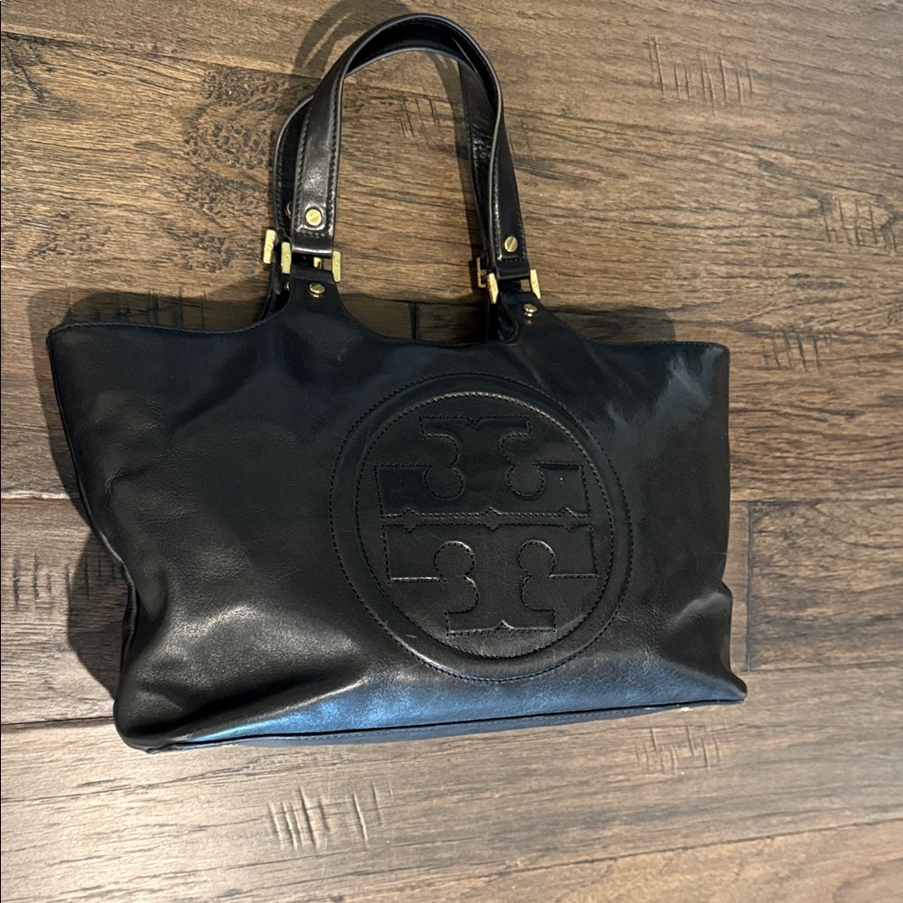 Tory Burch Black Leather Logo Tote with Gold Hardware
